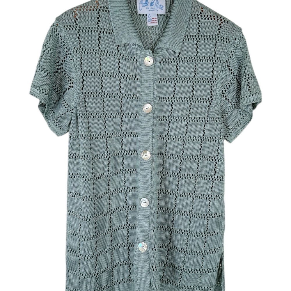 Calle Del Mar Open-Knit Top Teal Sea Foam California 70s Boho Abalone Small